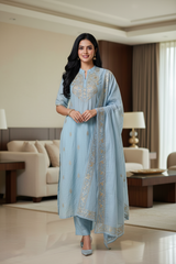Mul Cotton Pita Work Unstitched Suit With Pita Embroidered Dupatta