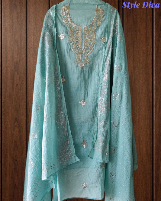 Mul Cotton Pita & Mukiesh Work Unstitched Suit With Designer Dupatta