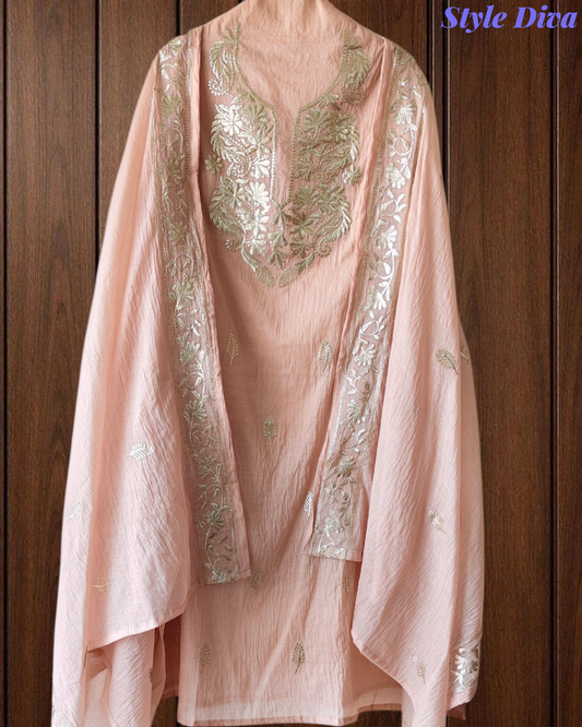 Mul Cotton Pita Work Unstitched Suit With Pita Embroidered Dupatta