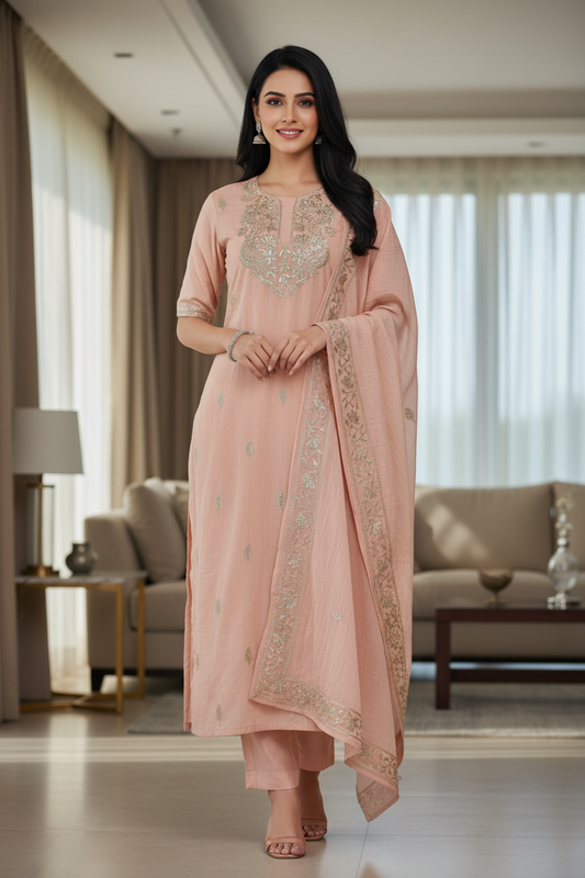 Mul Cotton Pita Work Unstitched Suit With Pita Embroidered Dupatta