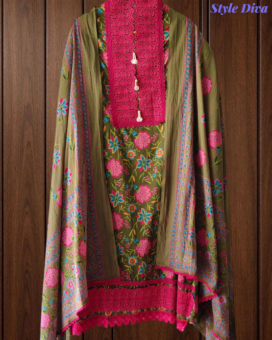 Cotton Pakistani Style Printed Unstitched Suit With Crochet Lacing Dupatta