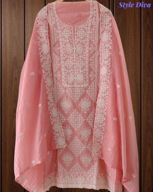Mul Cotton Lucknowi Embroidered Un-Stitched Suit with Embroidered Dupatta