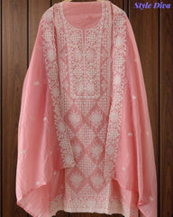 Mul Cotton Lucknowi Embroidered Un-Stitched Suit with Embroidered Dupatta