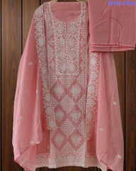 Mul Cotton Lucknowi Embroidered Un-Stitched Suit with Embroidered Dupatta