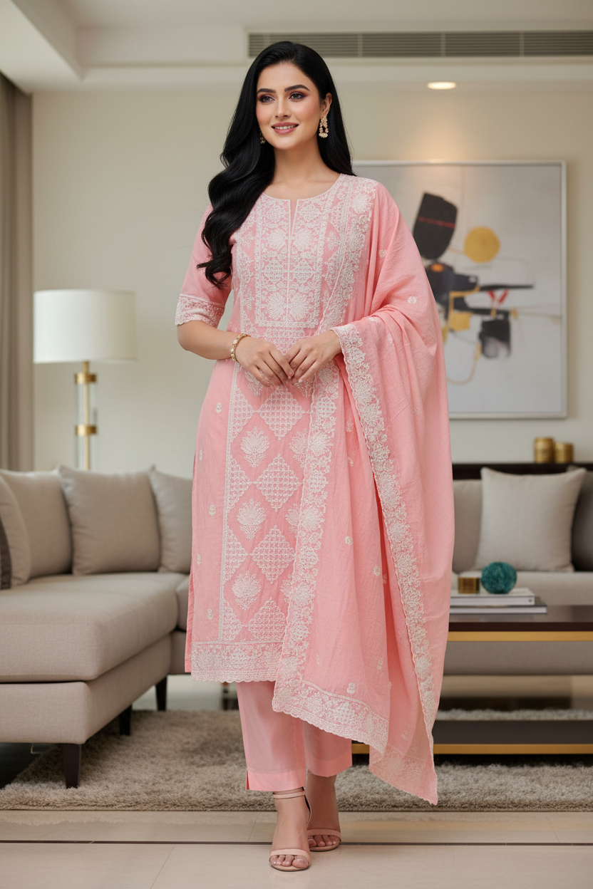 Mul Cotton Lucknowi Embroidered Un-Stitched Suit with Embroidered Dupatta