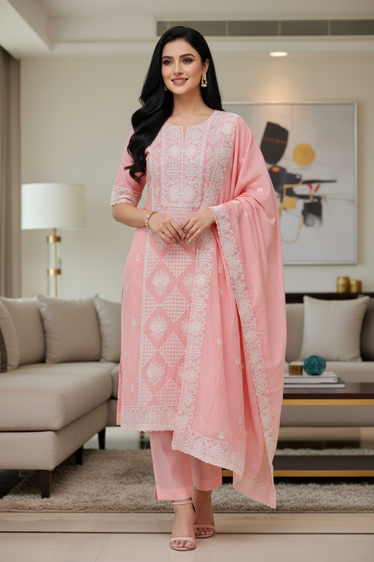 Mul Cotton Lucknowi Embroidered Un-Stitched Suit with Embroidered Dupatta