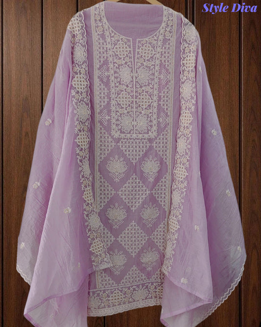 Mul Cotton Lucknowi Embroidered Un-Stitched Suit with Embroidered Dupatta