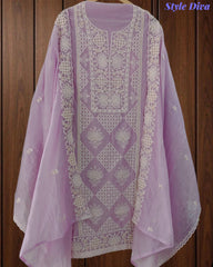 Mul Cotton Lucknowi Embroidered Un-Stitched Suit with Embroidered Dupatta