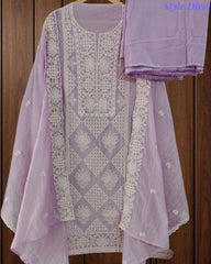 Mul Cotton Lucknowi Embroidered Un-Stitched Suit with Embroidered Dupatta