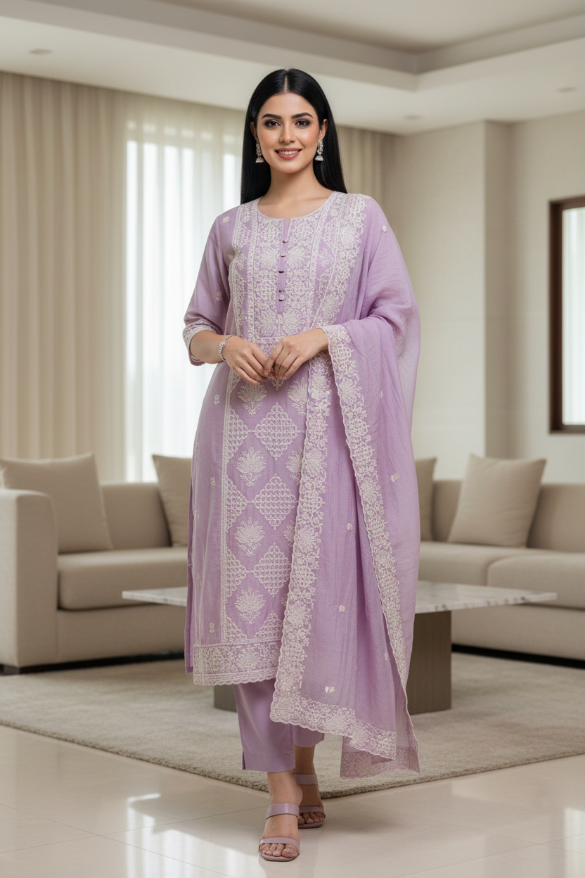 Mul Cotton Lucknowi Embroidered Un-Stitched Suit with Embroidered Dupatta