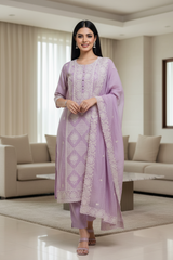 Mul Cotton Lucknowi Embroidered Un-Stitched Suit with Embroidered Dupatta