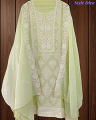 Mul Cotton Lucknowi Embroidered Un-Stitched Suit with Embroidered Dupatta