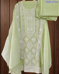 Mul Cotton Lucknowi Embroidered Un-Stitched Suit with Embroidered Dupatta