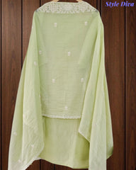 Mul Cotton Lucknowi Embroidered Un-Stitched Suit with Embroidered Dupatta