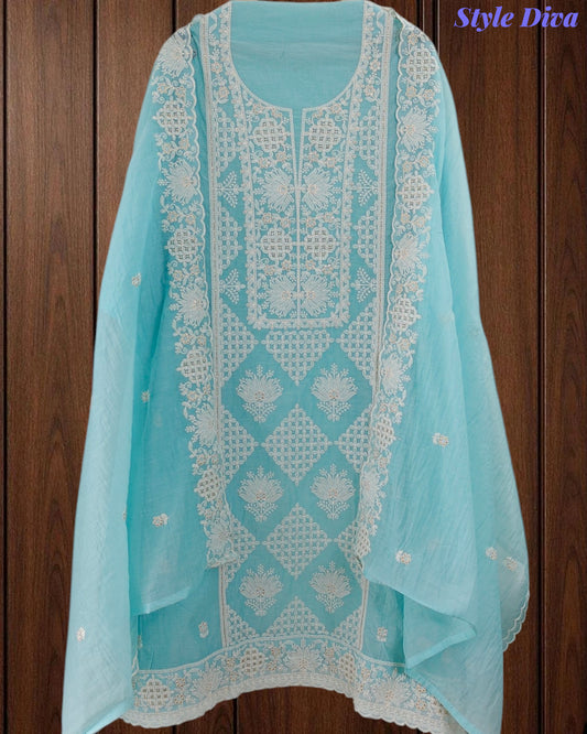 Mul Cotton Lucknowi Embroidered Un-Stitched Suit with Embroidered Dupatta
