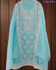 Mul Cotton Lucknowi Embroidered Un-Stitched Suit with Embroidered Dupatta