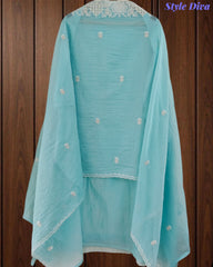 Mul Cotton Lucknowi Embroidered Un-Stitched Suit with Embroidered Dupatta