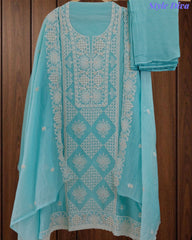 Mul Cotton Lucknowi Embroidered Un-Stitched Suit with Embroidered Dupatta
