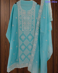 Mul Cotton Lucknowi Embroidered Un-Stitched Suit with Embroidered Dupatta