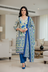 Cotton Digital Print Un-Stitched Suit with Crochet Lacing & Mul Cotton Dupatta