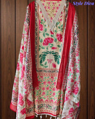 Cotton Digital Print Un-Stitched Suit with Crochet Lacing & Mul Cotton Dupatta