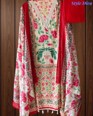 Cotton Digital Print Un-Stitched Suit with Crochet Lacing & Mul Cotton Dupatta