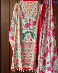 Cotton Digital Print Un-Stitched Suit with Crochet Lacing & Mul Cotton Dupatta