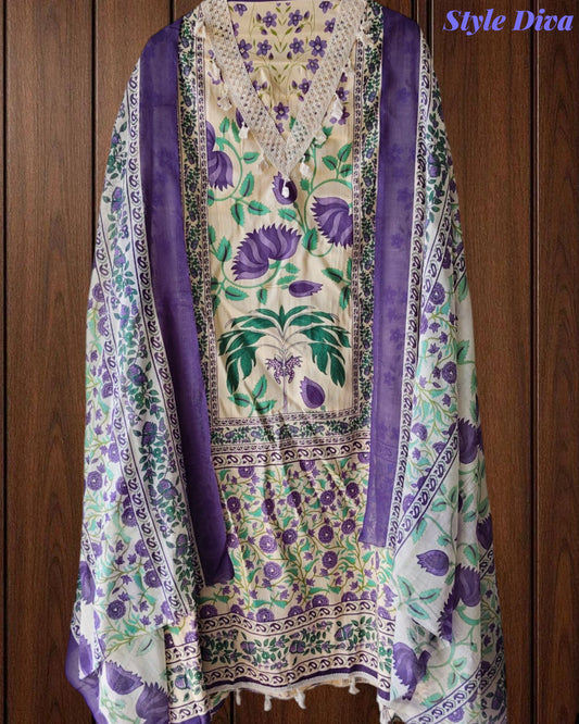 Cotton Digital Print Un-Stitched Suit with Crochet Lacing & Mul Cotton Dupatta