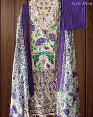Cotton Digital Print Un-Stitched Suit with Crochet Lacing & Mul Cotton Dupatta