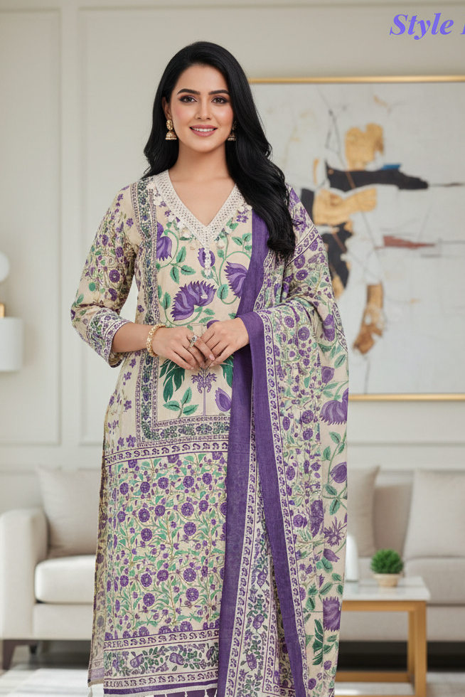 Cotton Digital Print Un-Stitched Suit with Crochet Lacing & Mul Cotton Dupatta
