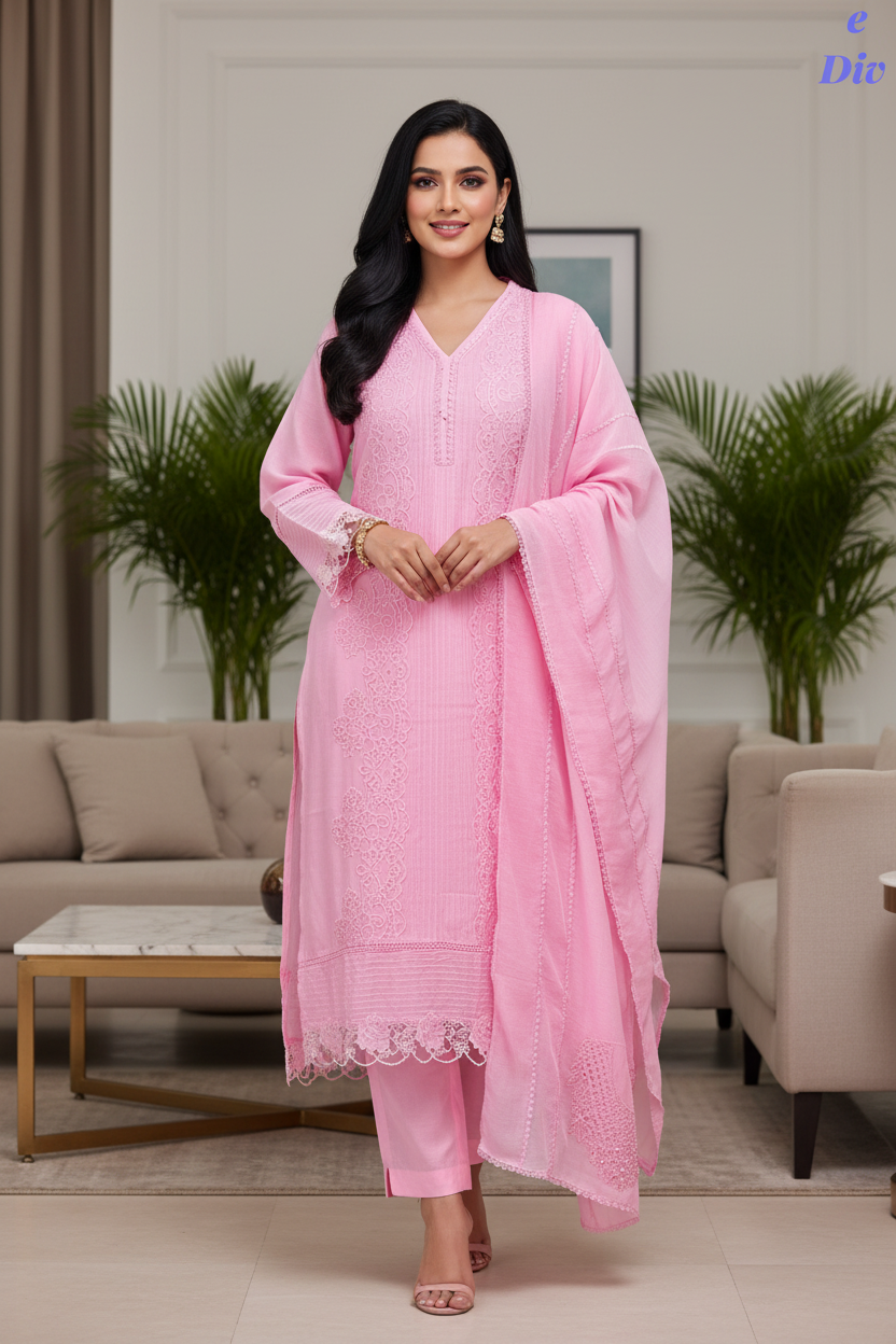-Cotton Khadi Pakistani Style Semi-Stitched Suit with Crochet LacingWork