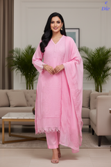 -Cotton Khadi Pakistani Style Semi-Stitched Suit with Crochet LacingWork