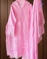 -Cotton Khadi Pakistani Style Semi-Stitched Suit with Crochet LacingWork