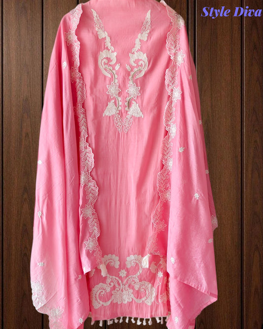 Mul Cotton Parsi Embroidered Unstitched Suit with Parsi Work Dupatta