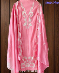 Mul Cotton Parsi Embroidered Unstitched Suit with Parsi Work Dupatta
