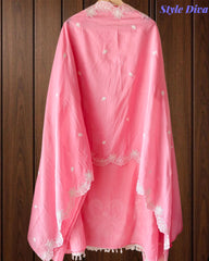 Mul Cotton Parsi Embroidered Unstitched Suit with Parsi Work Dupatta
