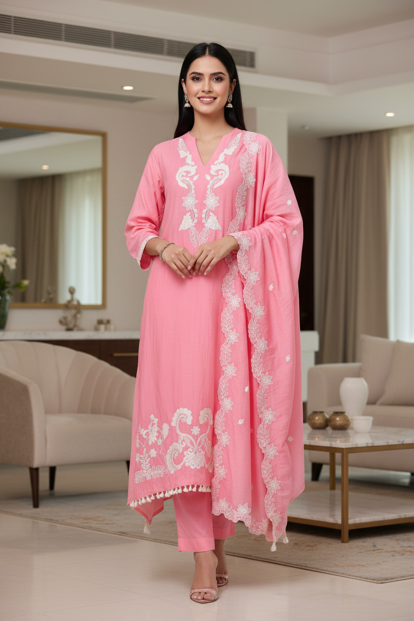 Mul Cotton Parsi Embroidered Unstitched Suit with Parsi Work Dupatta