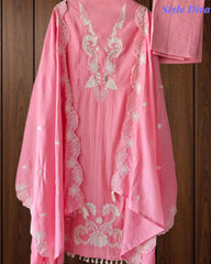 Mul Cotton Parsi Embroidered Unstitched Suit with Parsi Work Dupatta