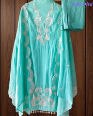 Mul Cotton Parsi Embroidered Unstitched Suit with Parsi Work Dupatta