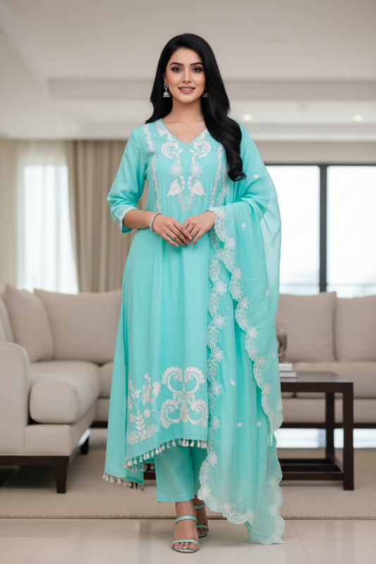 Mul Cotton Parsi Embroidered Unstitched Suit with Parsi Work Dupatta