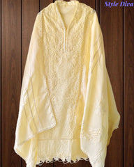 -Cotton Khadi Pakistani Style Semi-Stitched Suit with Crochet LacingWork