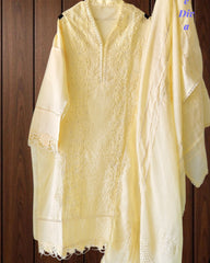 -Cotton Khadi Pakistani Style Semi-Stitched Suit with Crochet LacingWork