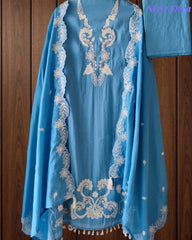 Mul Cotton Parsi Embroidered Unstitched Suit with Parsi Work Dupatta