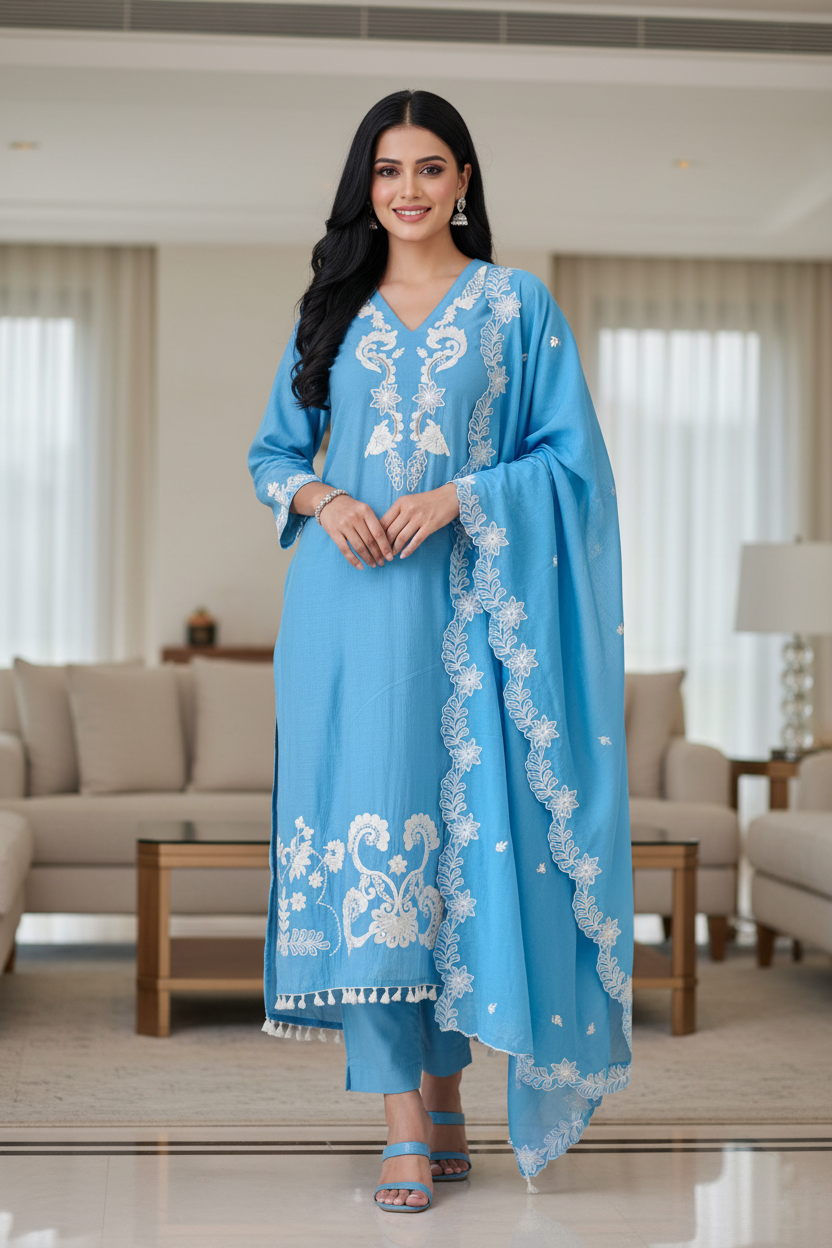 Mul Cotton Parsi Embroidered Unstitched Suit with Parsi Work Dupatta