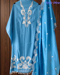 Mul Cotton Parsi Embroidered Unstitched Suit with Parsi Work Dupatta