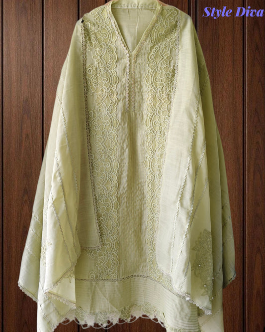Cotton Khadi Pakistani Style Semi-Stitched Suit with Crochet Lacing Work