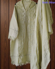 Cotton Khadi Pakistani Style Semi-Stitched Suit with Crochet Lacing Work
