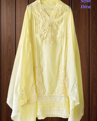 -Cotton Khadi Pakistani Style Semi-Stitched Suit with Crochet Lacing & Faux Mirror Work