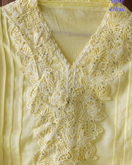 -Cotton Khadi Pakistani Style Semi-Stitched Suit with Crochet Lacing & Faux Mirror Work