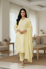 -Cotton Khadi Pakistani Style Semi-Stitched Suit with Crochet Lacing & Faux Mirror Work